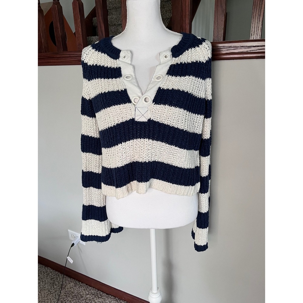 Pilcro Anthropologie Navy Cream Striped Grommet Henley Knit Sweater XS OB1877494